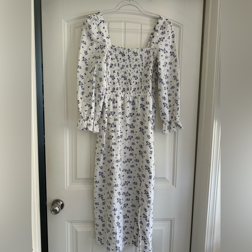 House of Harlow 1960 Linen Floral Smocked Midi Dress